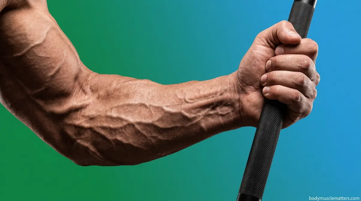 Highly defined and vascular forearm muscles showing peak visibility and low body fat