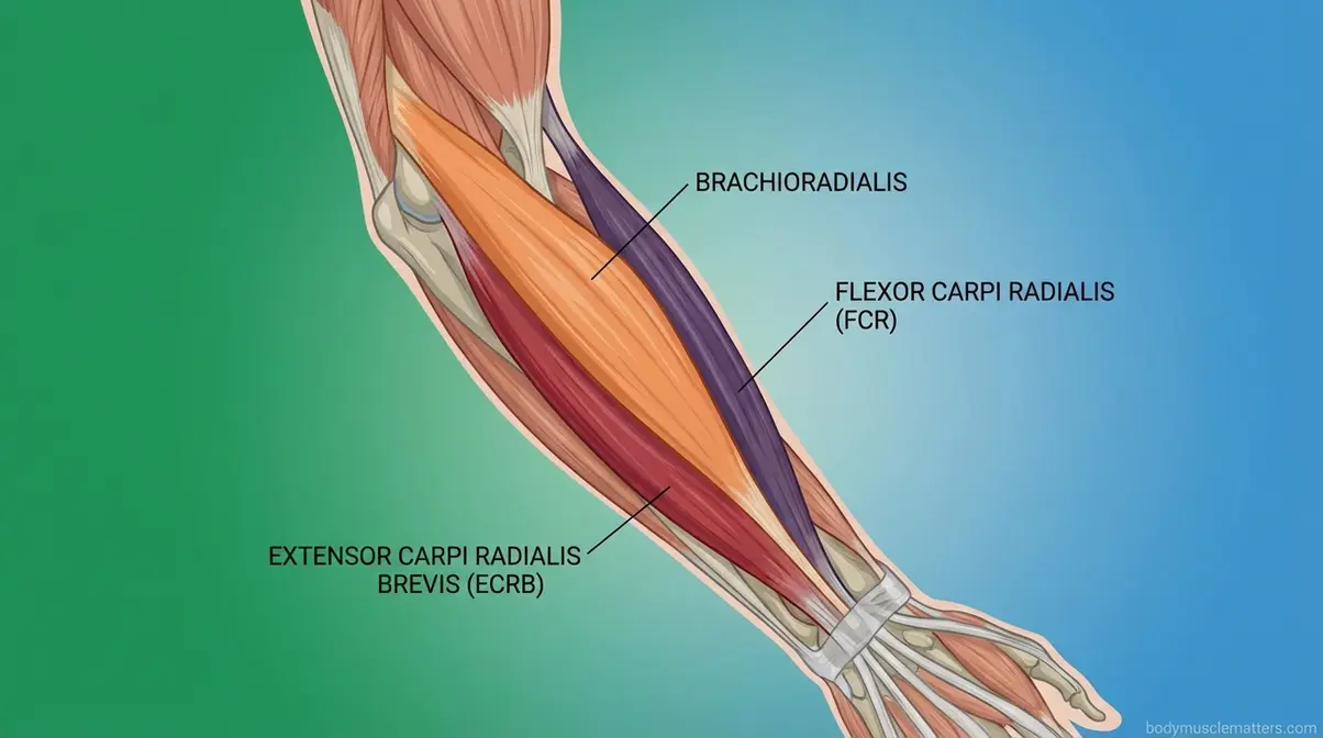 Anatomy diagram showing the brachioradialis, flexor carpi radialis, and extensor carpi radialis muscles
