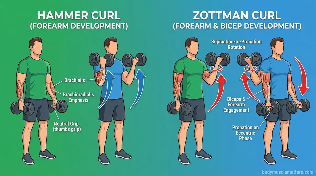 Side-by-side comparison of the hammer curl and Zottman curl for forearm development