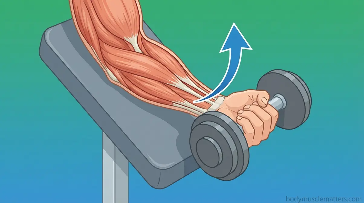 Seated dumbbell wrist curl technique showing palm-up position for forearm flexor isolation