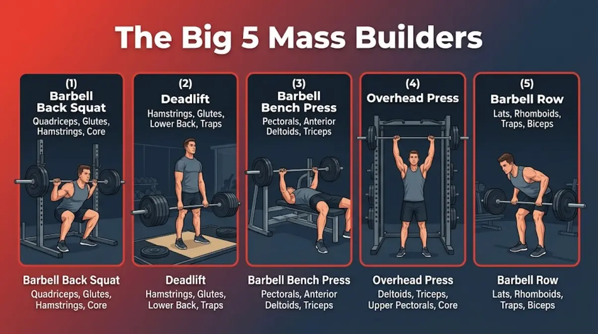 The Big 5 compound exercises for building muscle mass: squat, deadlift, bench press, overhead press, and barbell row