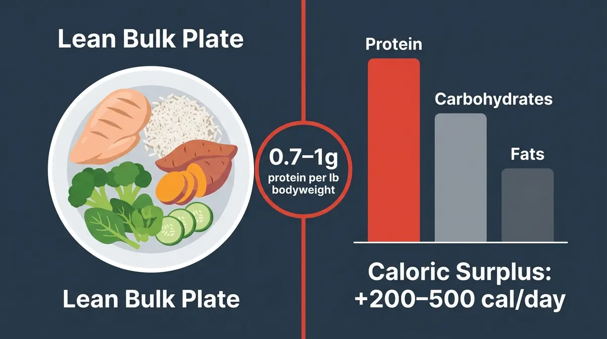 Lean bulk nutrition strategy showing protein targets, caloric surplus, and macro balance for building muscle mass