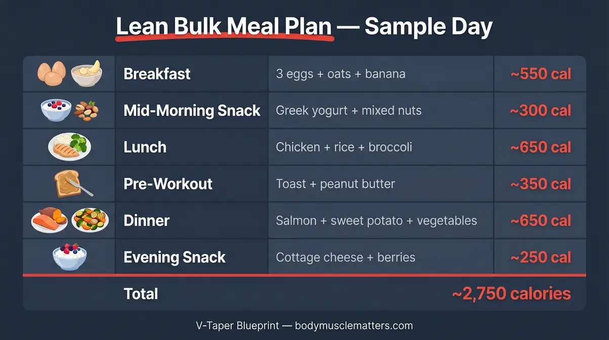 One-day lean bulk meal plan infographic showing six meals with foods and calorie targets for muscle mass gain