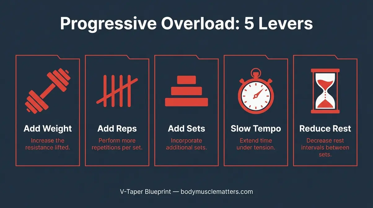 Infographic showing five progressive overload levers for building muscle mass: weight, reps, sets, tempo, and rest