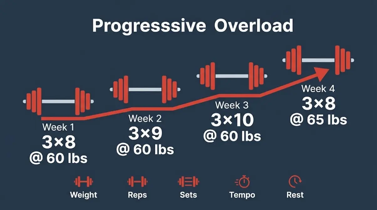 Progressive overload week-by-week barbell progression showing rep and weight increases for building muscle mass