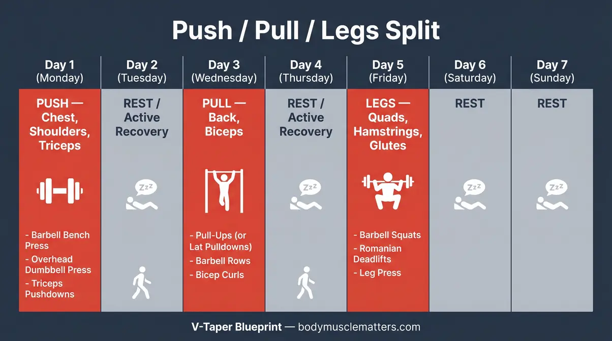 Weekly Push Pull Legs split training schedule showing workout days, rest days, and target muscle groups