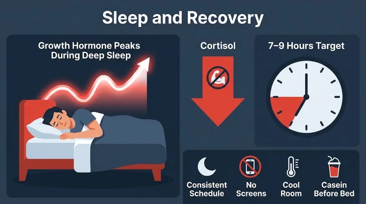 Sleep and recovery diagram showing growth hormone surge, 7 to 9 hour target, and cortisol reduction for muscle growth