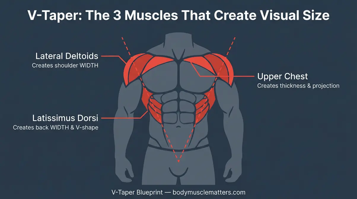 Anatomical diagram highlighting lateral deltoids, lats, and upper chest as the three V-Taper muscles for looking bigger