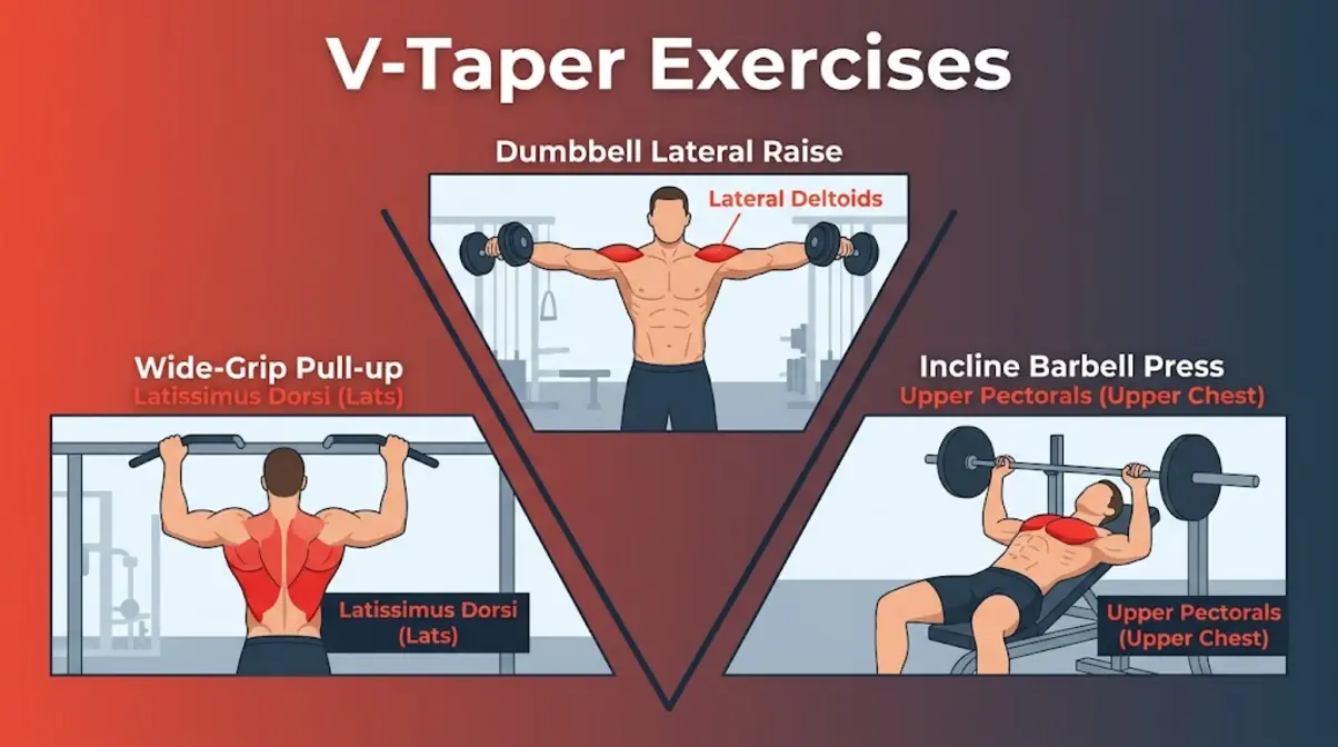 V-Taper training exercises showing lateral raise, wide-grip pull-up, and incline press for looking bigger