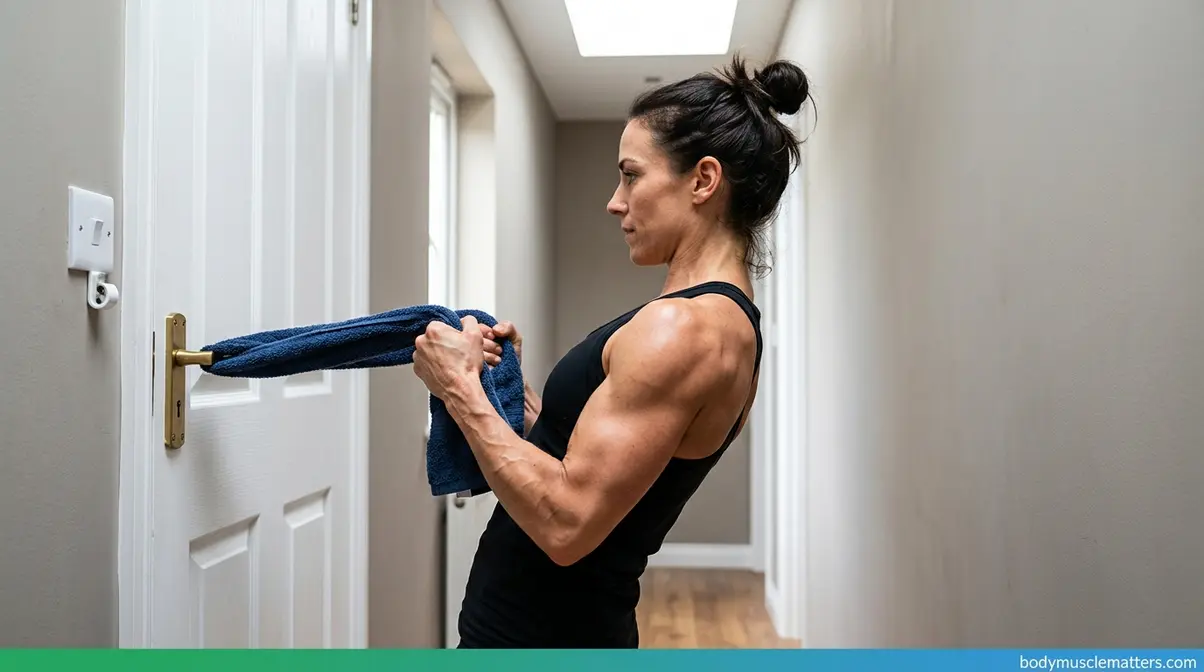 Person performing a towel row at home to build arm muscle without dumbbells or weights