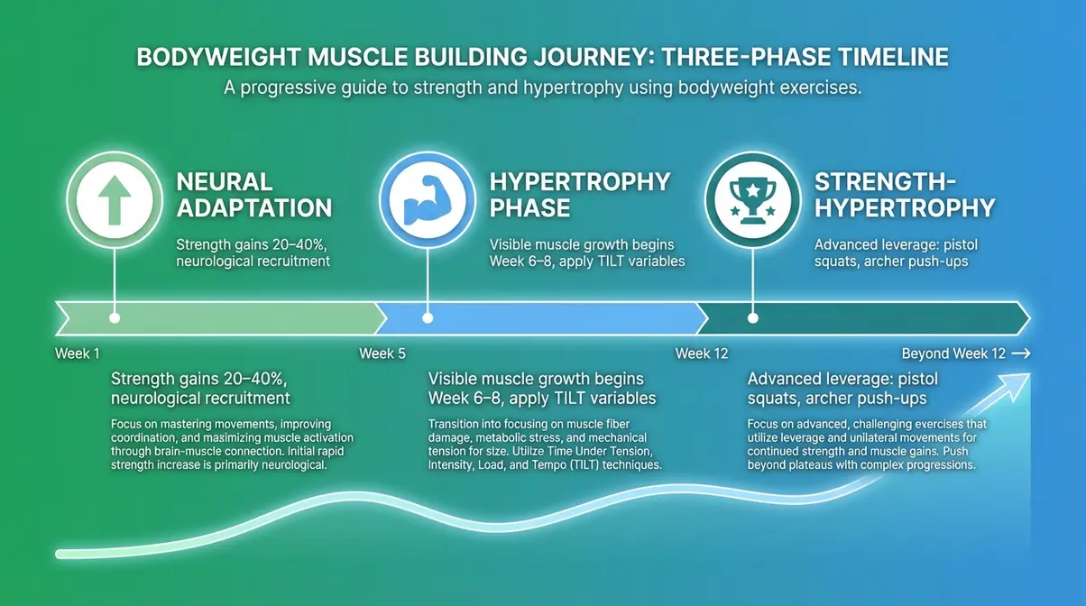 Timeline infographic showing bodyweight muscle building progression across weeks one through twelve and beyond