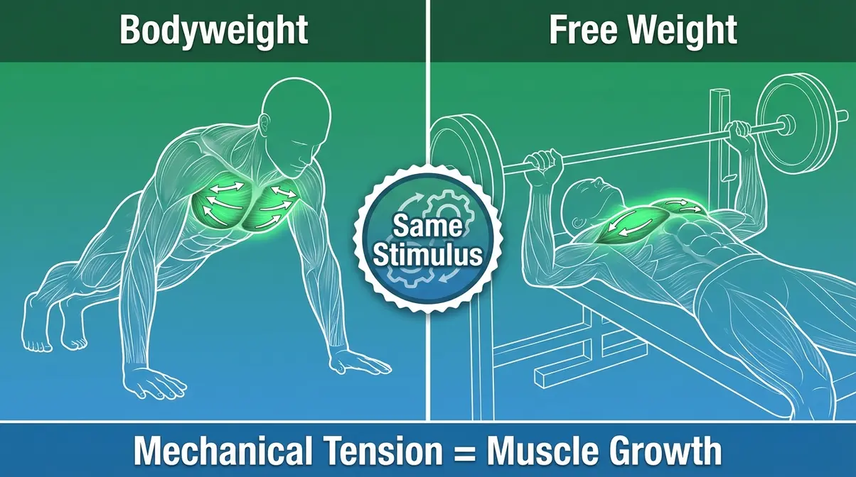 Scientific split illustration showing bodyweight push-up and barbell press producing identical muscle hypertrophy stimulus