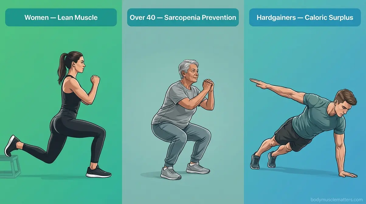 Three-panel image showing bodyweight training adaptations for women adults over forty and hardgainers