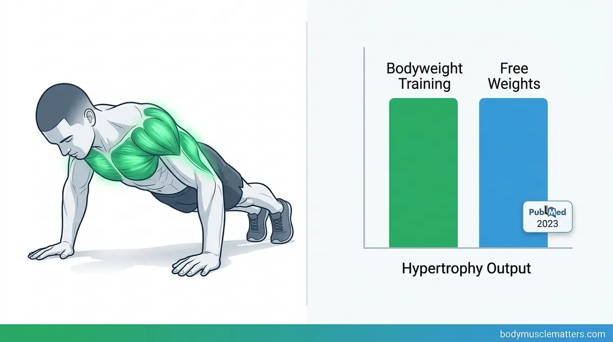 Science diagram comparing bodyweight training and free weights for muscle hypertrophy results