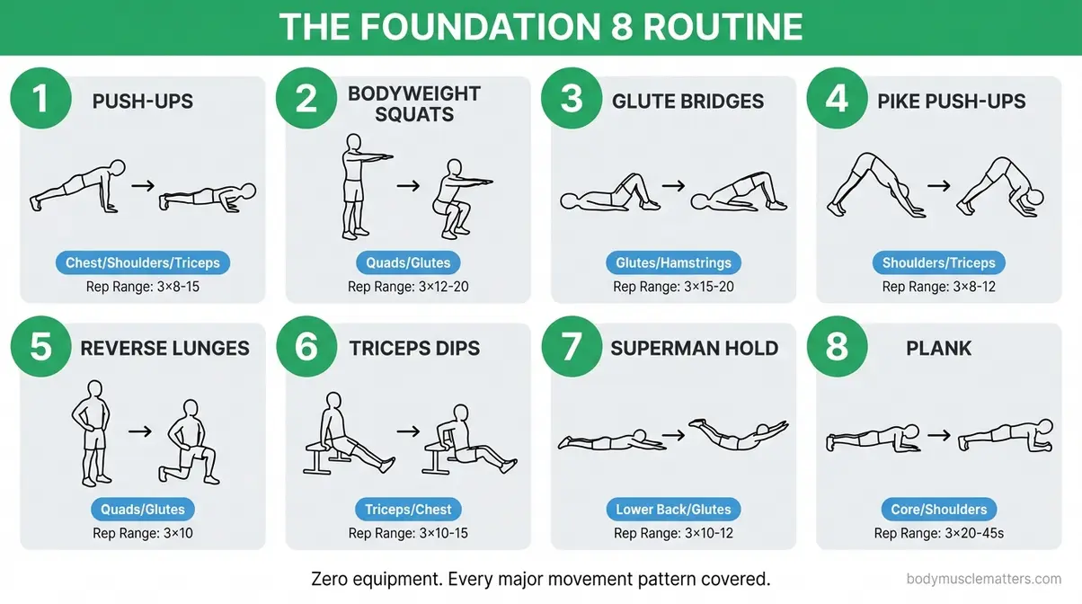 Foundation 8 beginner bodyweight workout routine infographic showing eight exercises with muscle group labels