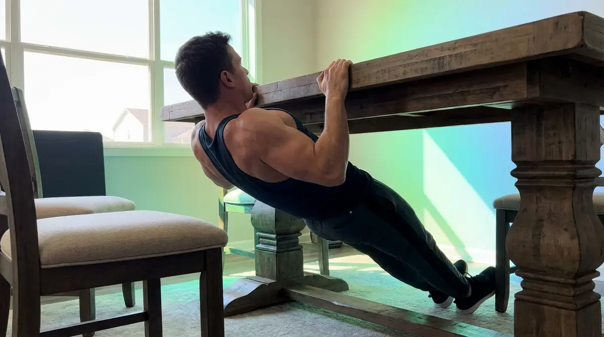 Person performing inverted row under table demonstrating pull day exercise without weights or gym equipment