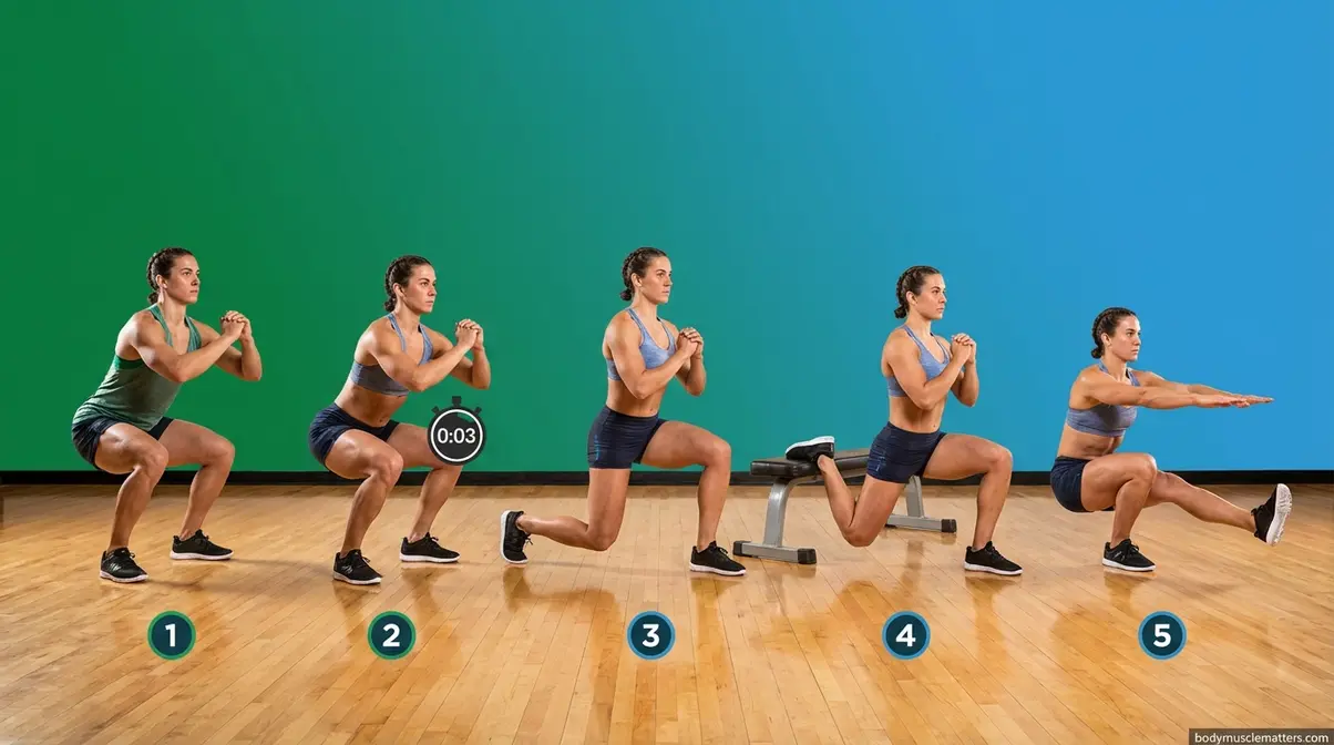 Bodyweight squat progression ladder from standard squat to pistol squat for building leg muscle without weights