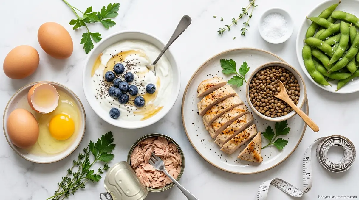 High-protein foods for muscle building including eggs, Greek yogurt, chicken, tuna, lentils, and edamame