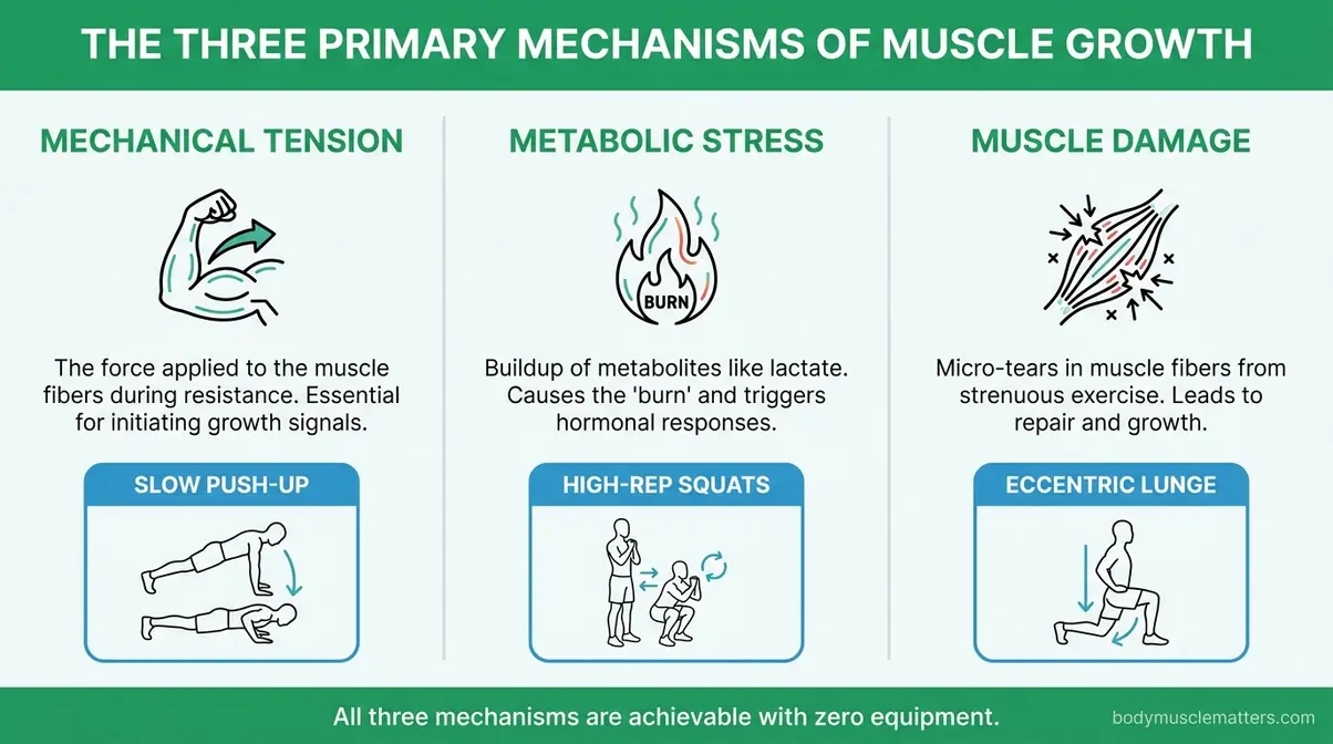 Infographic showing three bodyweight muscle hypertrophy mechanisms: mechanical tension, metabolic stress, muscle damage