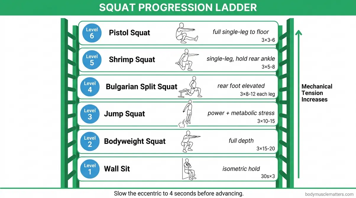 Bodyweight squat progression ladder from wall sit to pistol squat with rep ranges and form cues