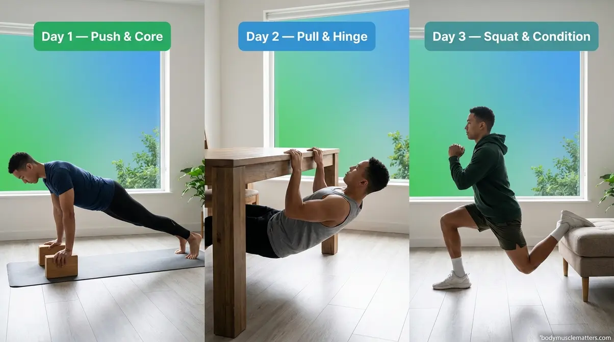 Three-day no-equipment workout plan showing push pull and squat training sessions at home