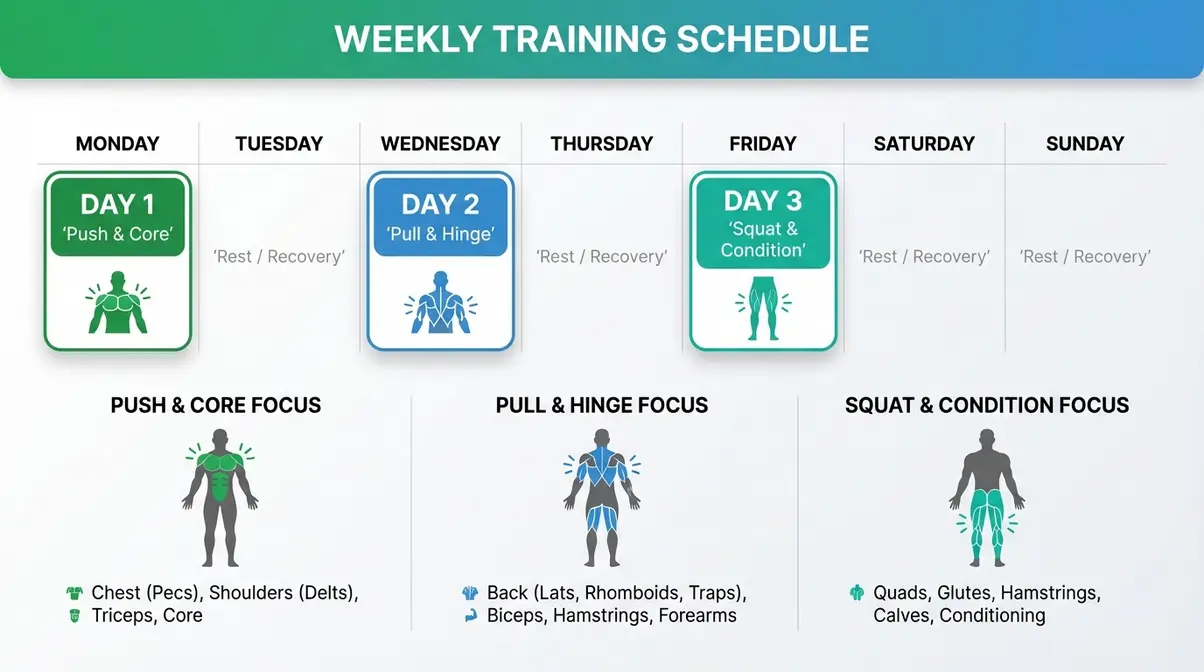 Weekly diagram showing three-day no-equipment workout plan schedule for bodyweight muscle building