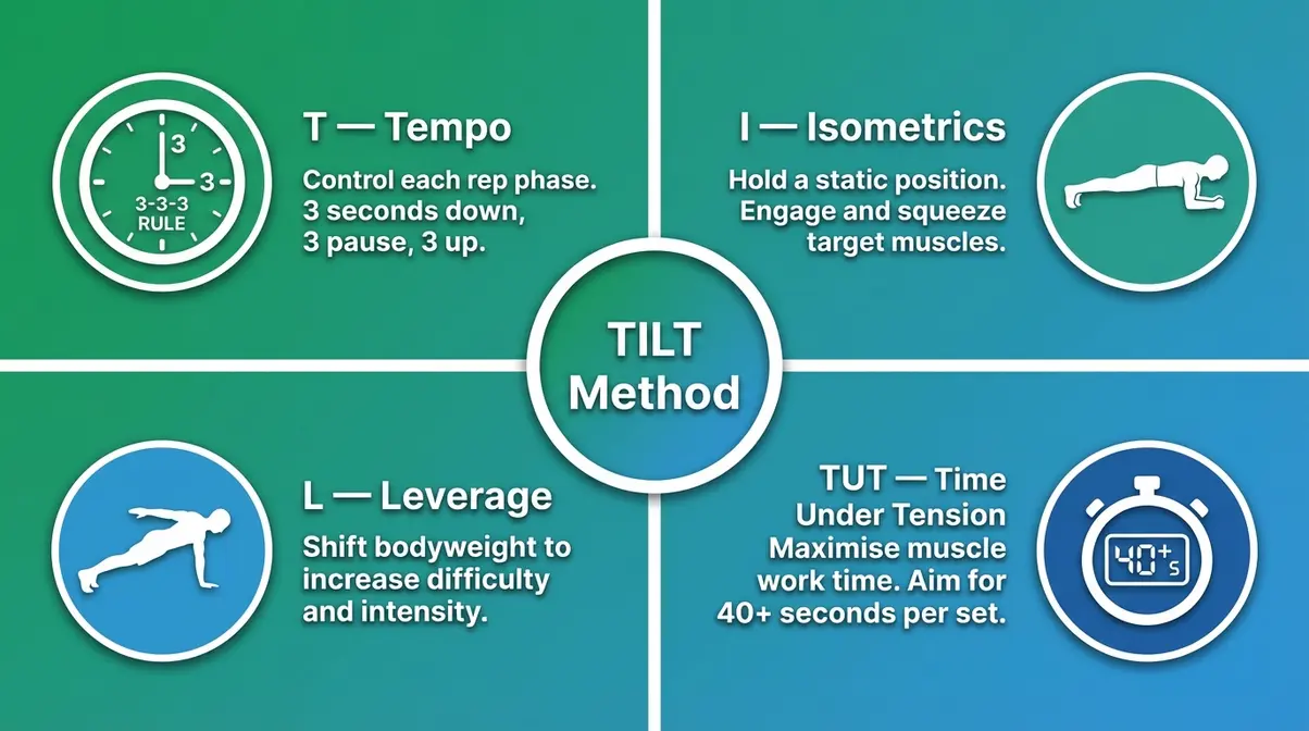 TILT Method infographic showing four bodyweight progressive overload variables to build muscle without weights