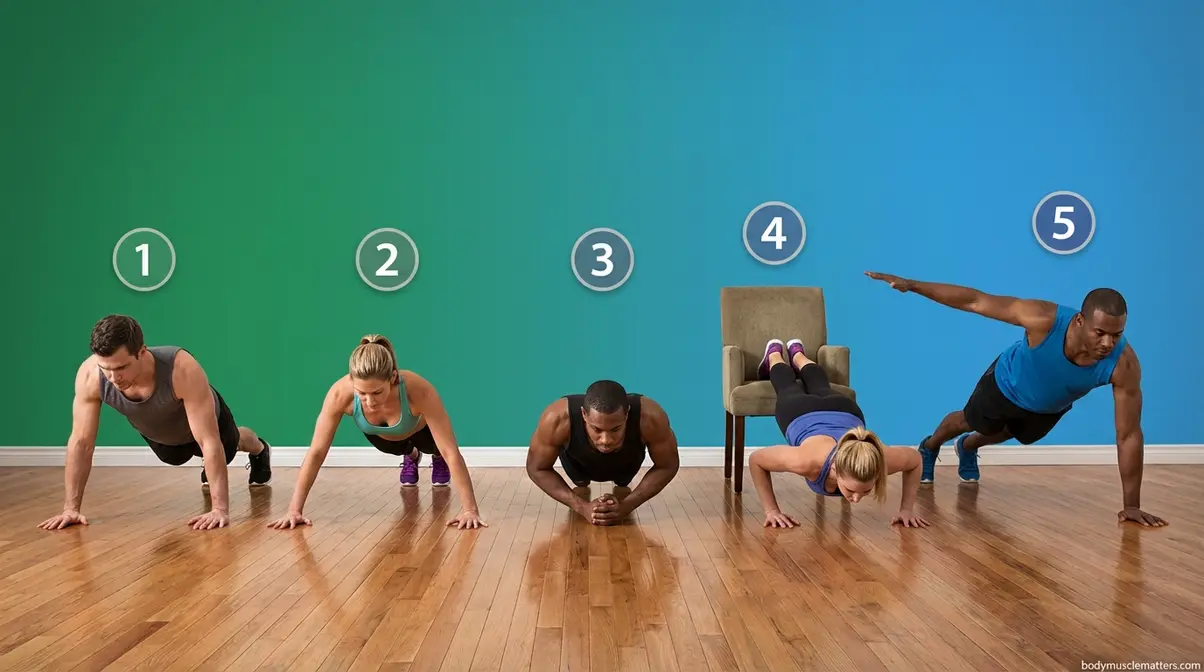 Push-up progression ladder showing five variations to build upper body muscle mass without weights