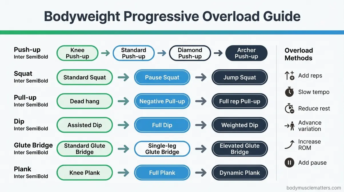 Bodyweight progressive overload chart showing beginner to advanced exercise progressions for home muscle building