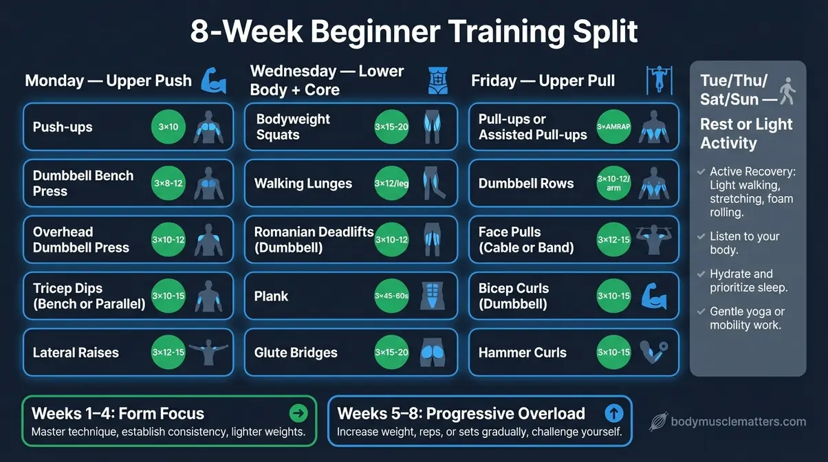 Beginner muscle building 3-day training split showing exercises, sets, and reps for 8 weeks