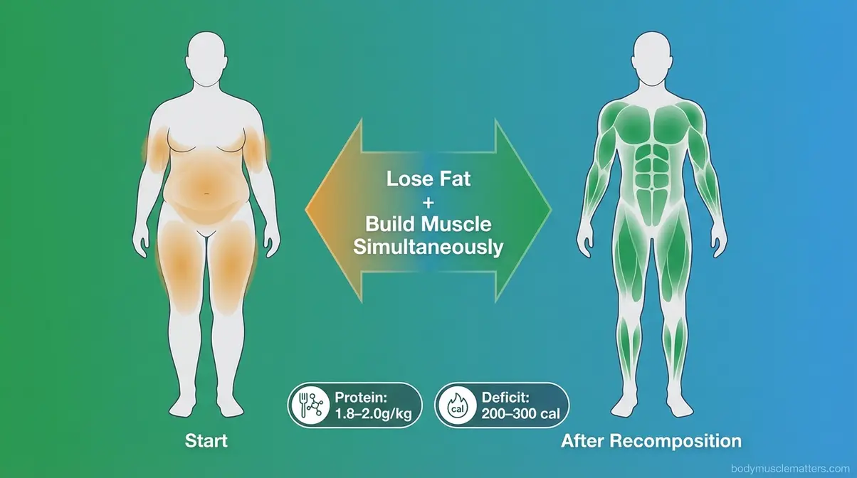 Body recomposition illustration showing simultaneous muscle gain and fat loss transformation process