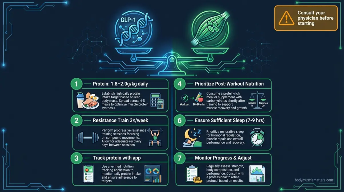 GLP-1 medication muscle preservation protocol showing 7-step plan to prevent muscle loss on Zepbound or Ozempic