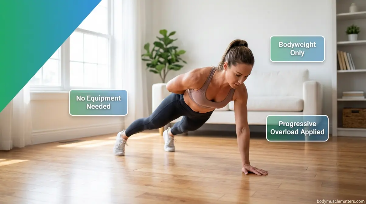 Athlete performing bodyweight archer push-up at home with no equipment to build muscle