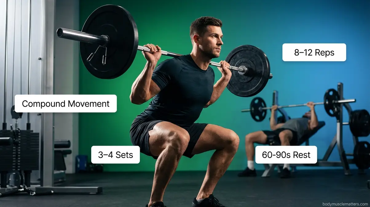 Athlete performing barbell squat compound exercise for hypertrophy workout program with proper form