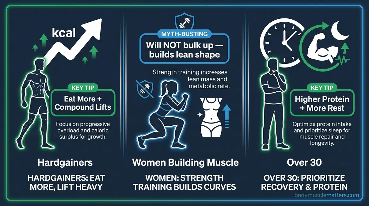 Muscle building customization guide for hardgainers, women, and adults over 30 with tailored tips