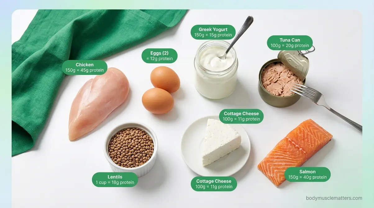 High-protein muscle-building foods including chicken, eggs, Greek yogurt, tuna, lentils, and cottage cheese