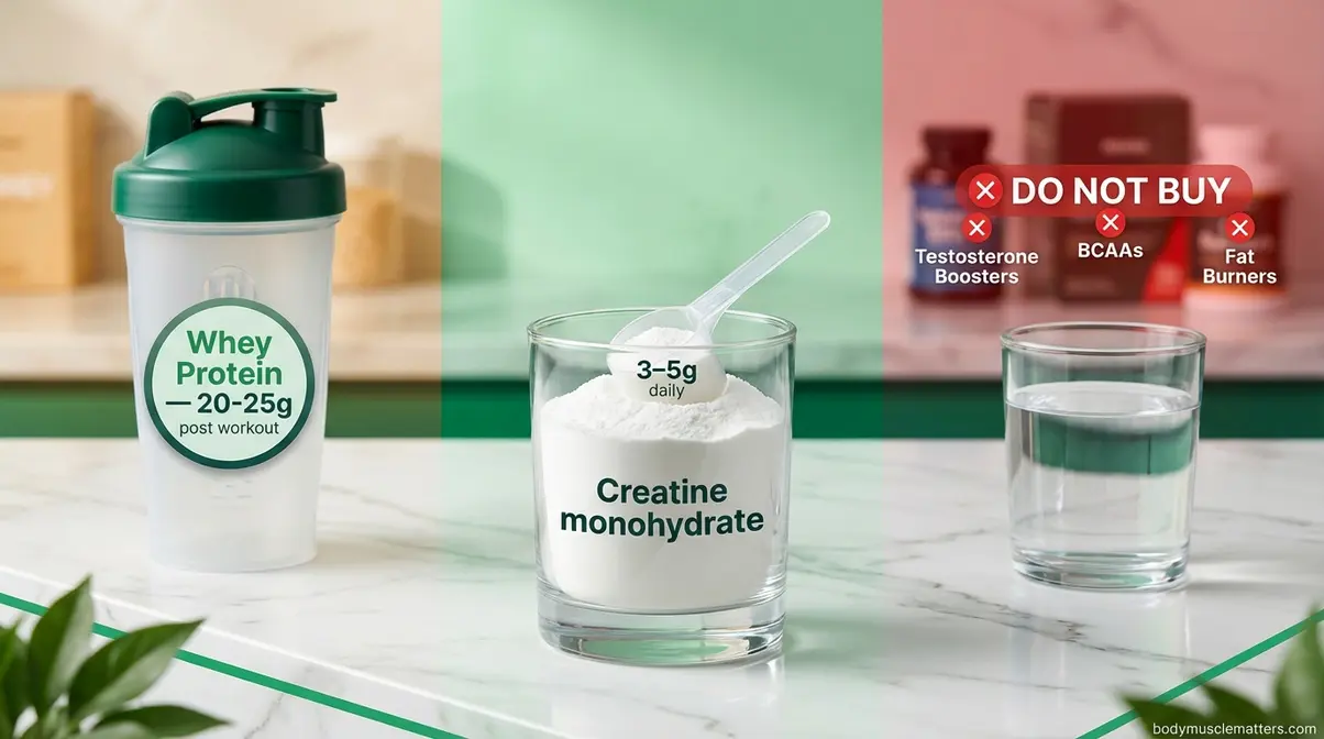 Muscle building supplements comparison showing creatine monohydrate and whey protein as evidence-backed choices