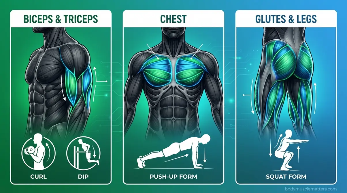Muscle group targeting diagram showing arms, chest, and legs with exercises for each body part