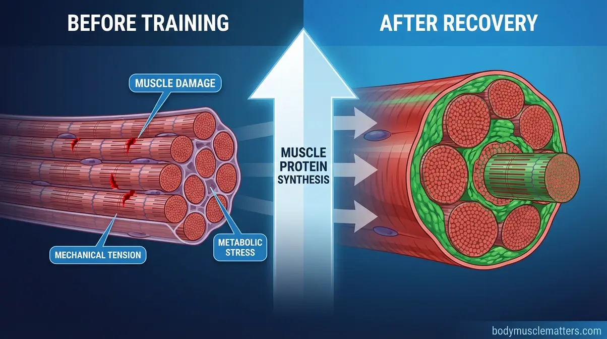 Scientific diagram showing muscle fiber hypertrophy process from micro-tears to growth through protein synthesis