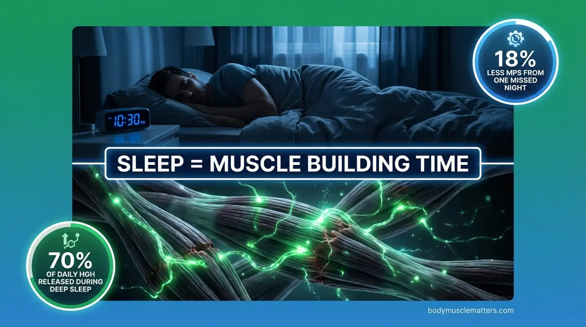 Sleep and recovery visualization showing muscle protein synthesis and growth hormone release during deep sleep