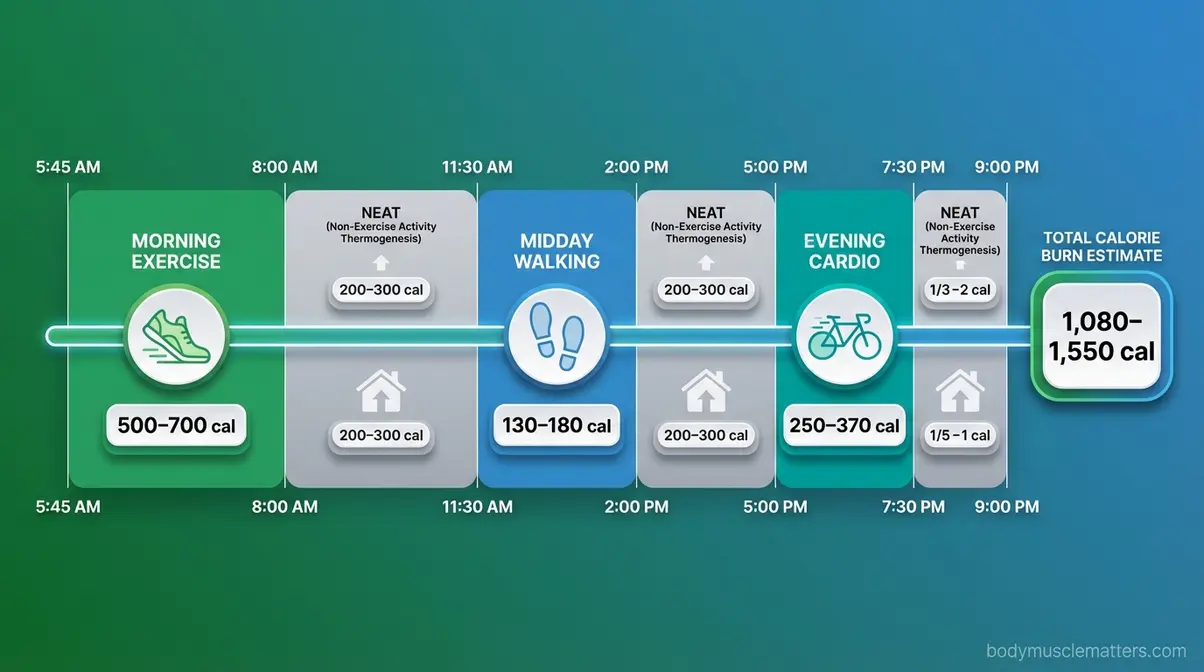 24-hour timeline itinerary showing time-blocked calorie-burning activities for an active fitness day