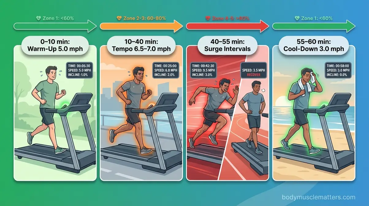 Four-phase 60-minute treadmill cardio plan with speed and heart rate zones for each segment