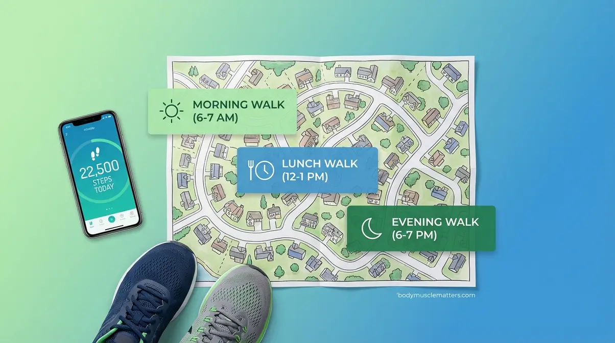 Daily step-stacking walking plan showing time-blocked routes to reach 25000 steps and burn 1000 calories