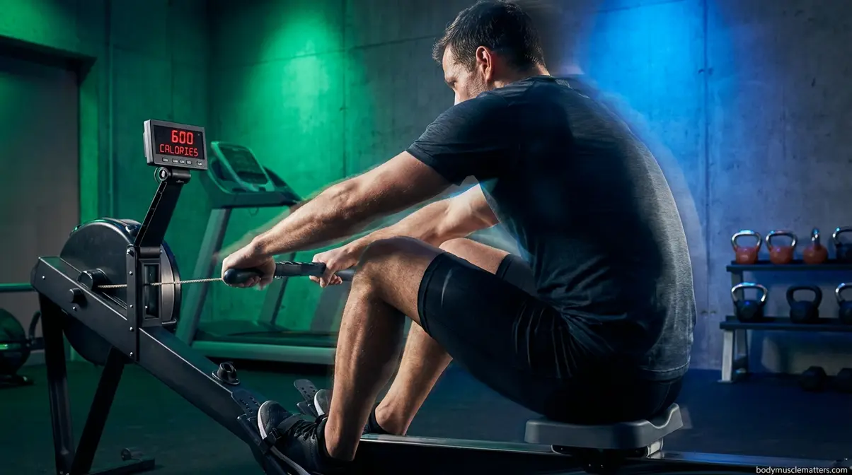 Person performing high-intensity rowing workout to burn 600 calories in a gym session