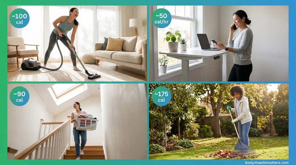 Four NEAT lifestyle activities at home contributing calories to the daily 1000 calorie burn goal