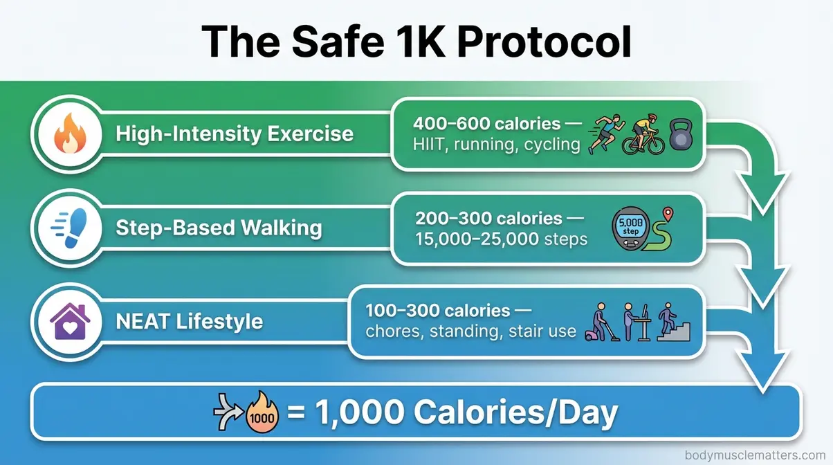 Diagram of the Safe 1K Protocol showing how to burn 1000 calories a day across three tracks