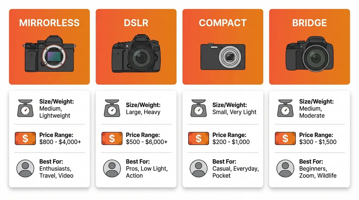 Infographic comparing mirrorless, DSLR, compact, and bridge cameras by size, price, and best use