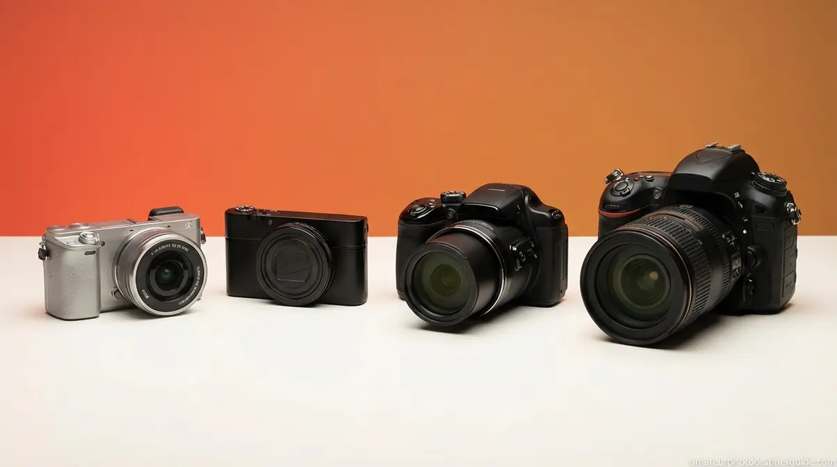 Four digital camera types side by side: mirrorless, DSLR, compact, and bridge cameras