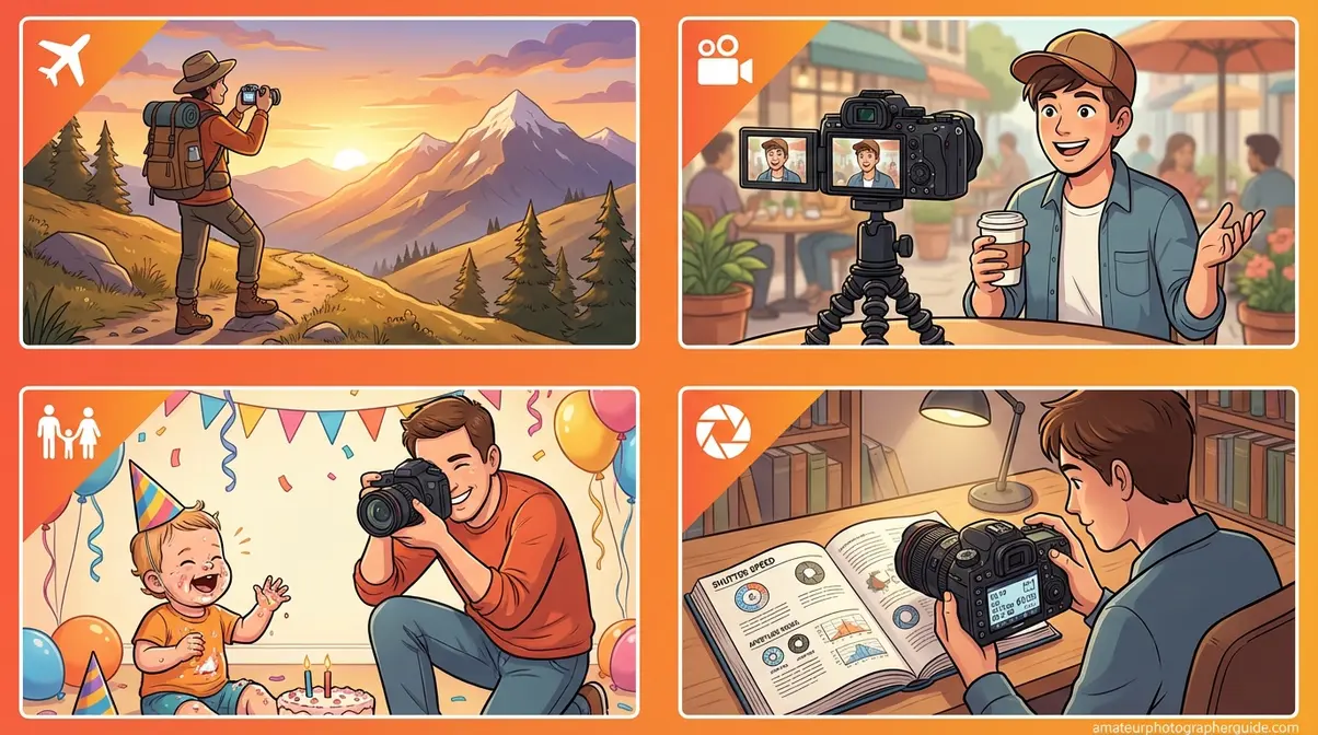 Four photographer personas: traveler, vlogger, family photographer, and aspiring photographer illustrated