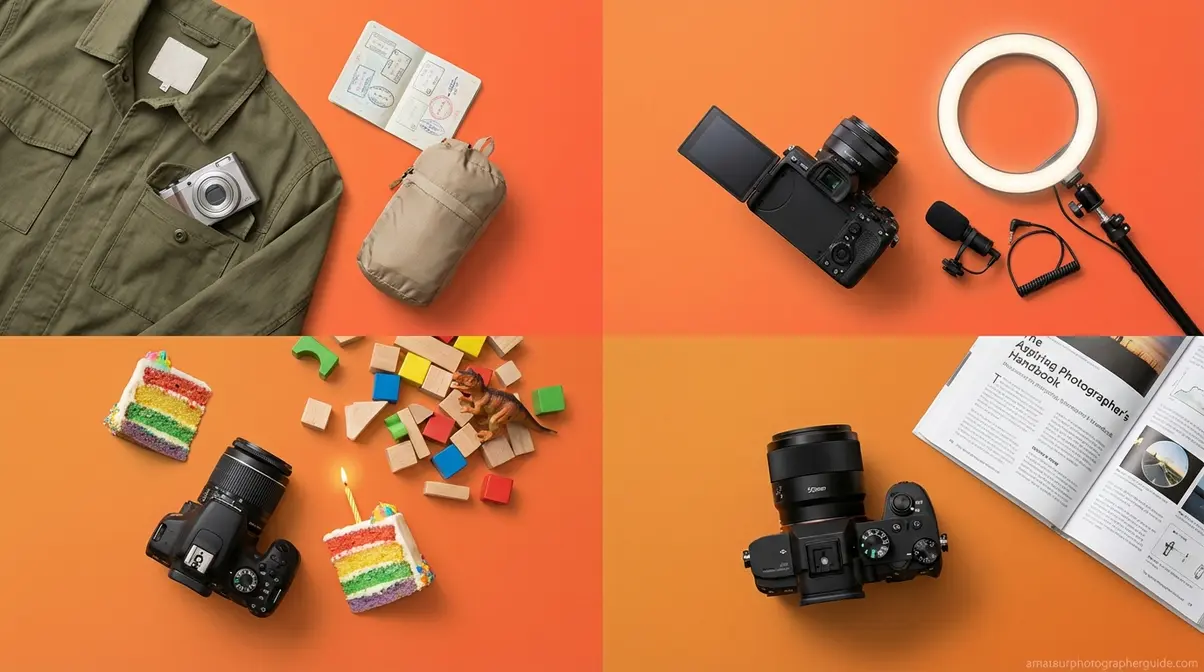 Four persona-matched camera setups for traveler, vlogger, family photographer, and aspiring photographer